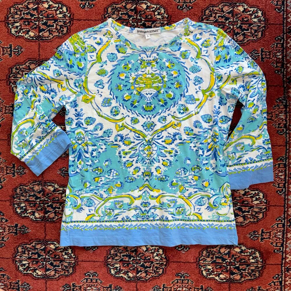 Barbara Gerwit L Aqua Blue/Green Print Stretch Cotton Long Sleeve T-Shirt